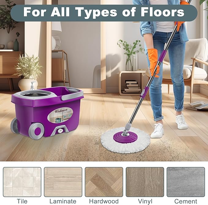 Dual Compartment Spin Mop and Bucket, Mop and Bucket with Wringer Set,360°Rotating Spinning Mopping for Floor Cleaning with 3 Microfiber Replacement Heads, 61" Extended Handle, 2X Wheel