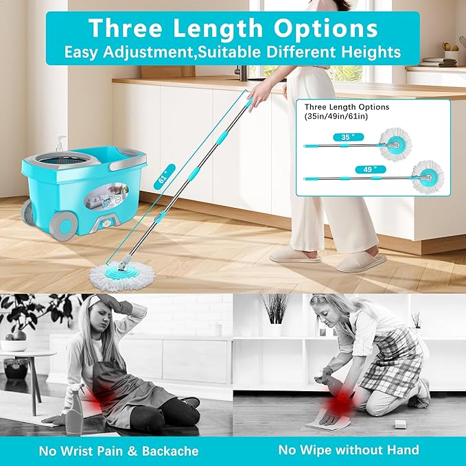 FunClean Spin Mop and Bucket,Mop and Bucket with Wringer Set for Home,360 Spinning Mopping Floor Cleaning Tool with 4 Microfiber Replacement Head Refills,61" Extended Handle, 2X Wheel - Blue