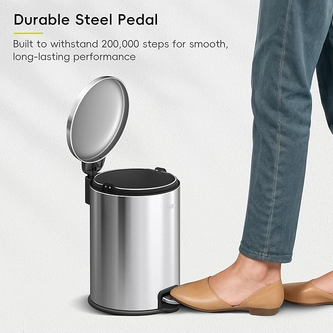 EKO Serene 5L / 1.32 Gallon Step Trash Can with Lid, Small Stainless Steel Round Garbage Can with Removable Inner Bucket, Compact Bin for Powder Rooms, Offices & Tight Bathroom Spaces.