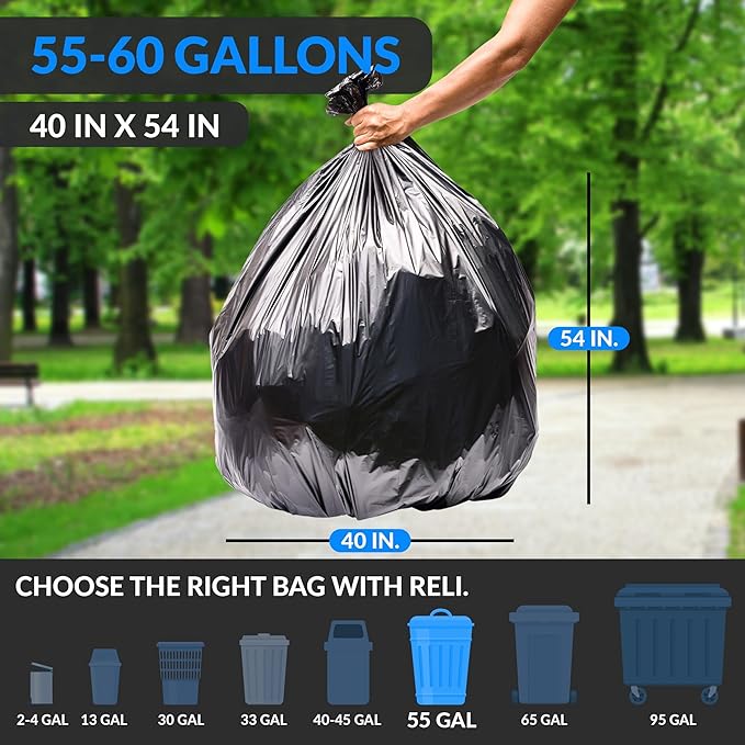 Reli. 55-60 Gallon Trash Bags Heavy Duty | 150 Count | 50-60 Gallon | Large Black Garbage Bags | Made in USA