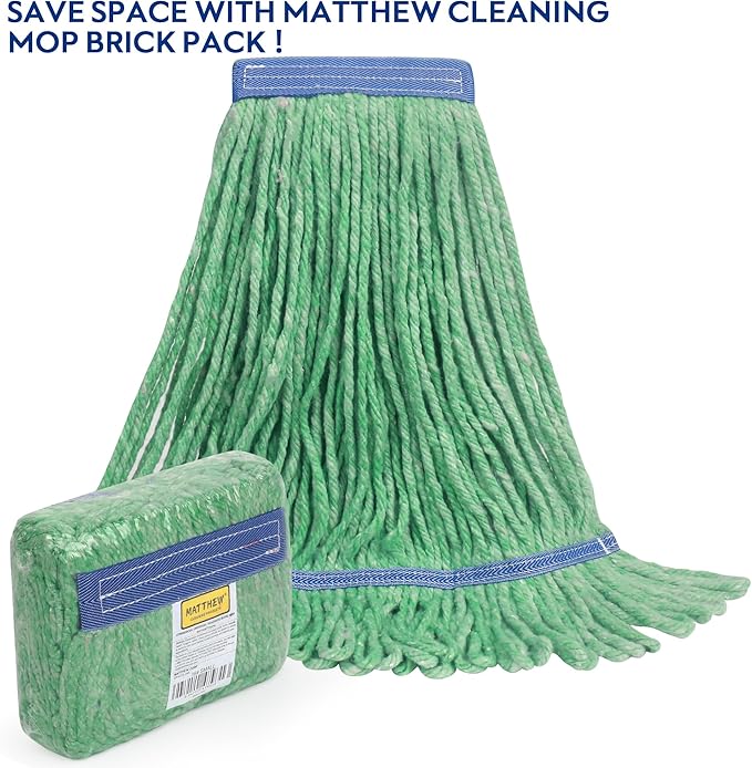 Matthew Cleaning Heavy Duty Mop Head Commercial Replacement for General and Floor Cleaning, Wet Industrial Blue Cotton Looped End String Head Refill (Case of 24) Green