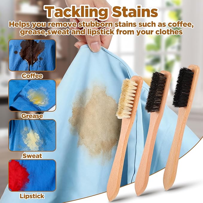 3 Pcs Wood Laundry Stain Brush Set With Boar And Horse Hair Bristles, Stain Remover Brush For Clothes, Fabric, Furniture And Leather