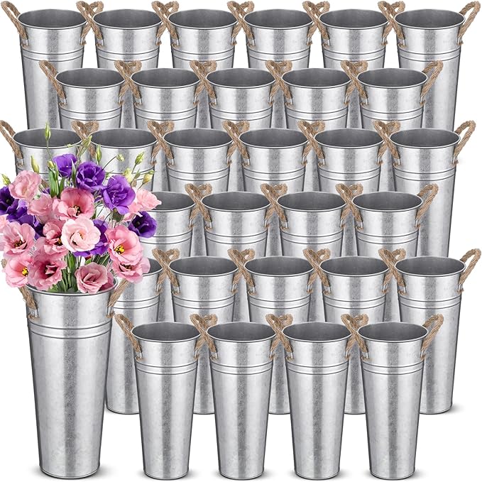 Bokon 32 Pack 9 Inch Flower Bucket Bulk, Galvanized Metal Vases, Rustic Vintage Flower Vases with Handles, Tall Farmhouse Planter Pails Buckets for Wedding Centerpieces, Party Decoration, DIY Craft