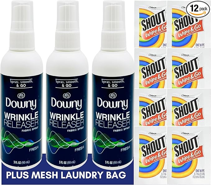 Downy Wrinkle Releaser Spray Travel Size 3 oz (Pack of 3), 8 Shout Wipes Individually Wrapped with Laundry Bag Gift Bundle, Ultimate Downy Wrinkle Release Spray & Shout Stain Remover Kit