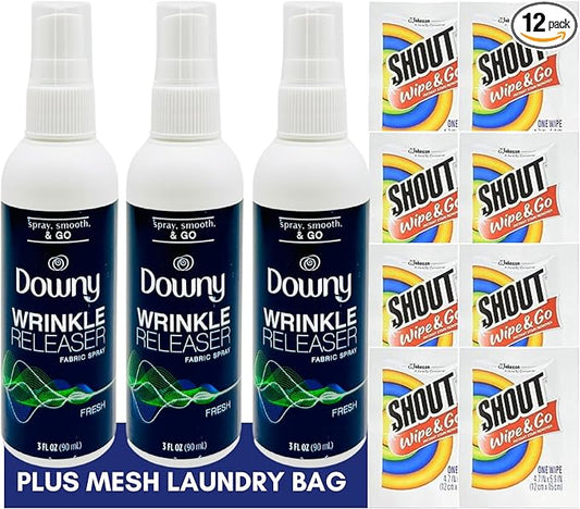 Downy Wrinkle Releaser Spray Travel Size 3 oz (Pack of 3), 8 Shout Wipes Individually Wrapped with Laundry Bag Gift Bundle, Ultimate Downy Wrinkle Release Spray & Shout Stain Remover Kit