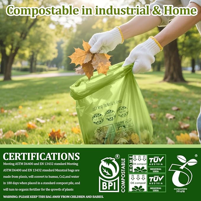 10-13 Gallon Compostable Trash Bags Handle-Tie, Heavy Duty Thick 0.87 Mil, 49.21 Liter, 30 Bags, Tall Kitchen Food Scrap Waste Bag, ASTM D6400, US BPI and OK Compost Home Certified