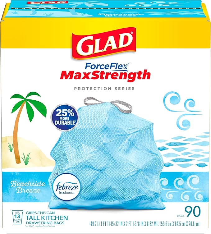 Glad Tall Kitchen Trash Bags 13 Gallon, MaxStrength Beachside Breeze Garbage Bags, Drawstring, 90 Count