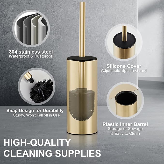 304 Stainless Steel Toilet Bowl Brush and Holder Set, Circular Floor Toilet Brush Holder, Long Handle, Bathroom Heavy-Duty Cleaner, High-End Cylinder Wall,2 Brush Head (Brushed Gold) YIGUANXIN