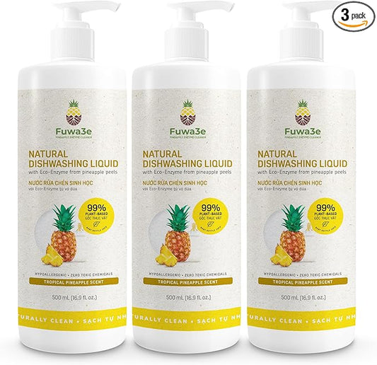 Fuwa3e Pineapple Enzyme Natural Dish Soap Tropical Pineapple Scent - 16.9oz 3 Pack - 99% Plant Based Dish Liquid - Hypoallergenic Dish Soap from Discarded Pineapple Peels