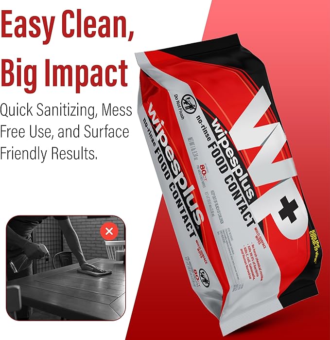 WIPESPLUS No-Rinse Food Contact Wipes, Multi-Surface Wipe, Unscented for Home and Business, 960 Count, (12 Packs of 80)