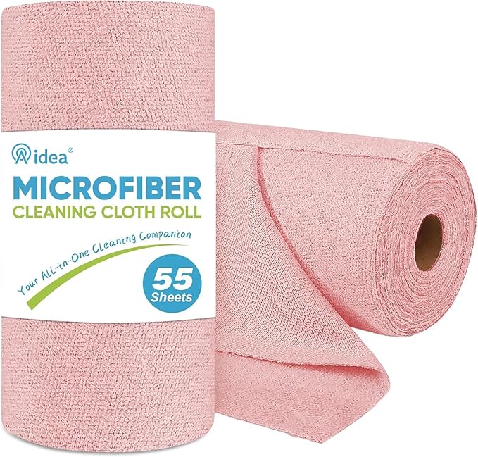 AIDEA Microfiber Cleaning Cloth Roll, 55 Sheets, Pink Towel, Microfiber Towels for Cars, Reusable Paper Towels, Shop Rags Washable, Cleaning Rags for Automotive, House, Kitchen, Cleaning Supplies11×9"