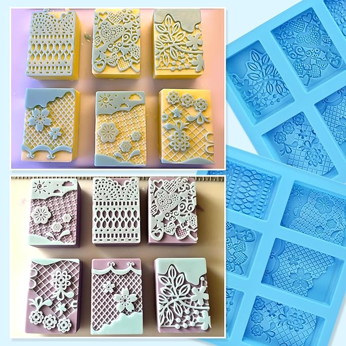 Silicone Soap Molds, 3D Detailed Flower Soap Mold, Rectangular Lace Pattern Soap Mold for DIY Handmade Soap Candle Wax Mold Lotion Bar, Bath Bombs, Reusable for Wedding Favors