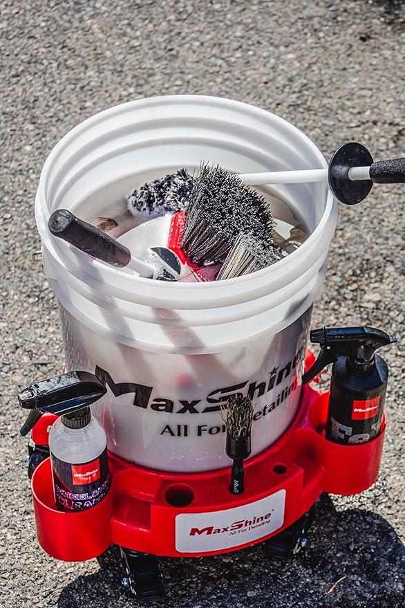 Maxshine Bucket Dolly | Fits 3–5 Gallon Detailing Buckets | Heavy-Duty Mobile Car Wash Dolly with 360° Swivel Wheels, Bottle & Brush Holders, Locking Screws, Auto Detailing Organizer