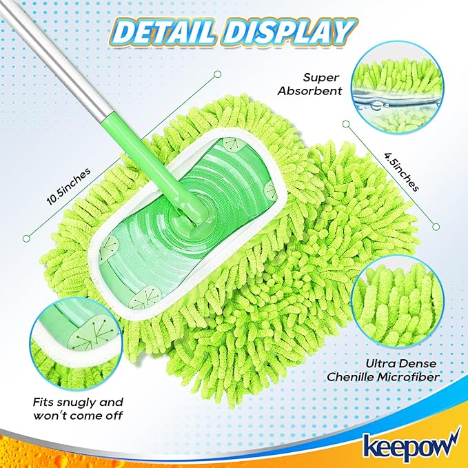 KEEPOW Reusable Microfiber Mop Pads Compatible with Swiffer Sweeper & Mop Deluxe 2-in-1, Wet & Dry Mopping Cloths for All Floors, Compatible with Swiffer Dry Sweeping Cloths for Cleaning (2 Pack)