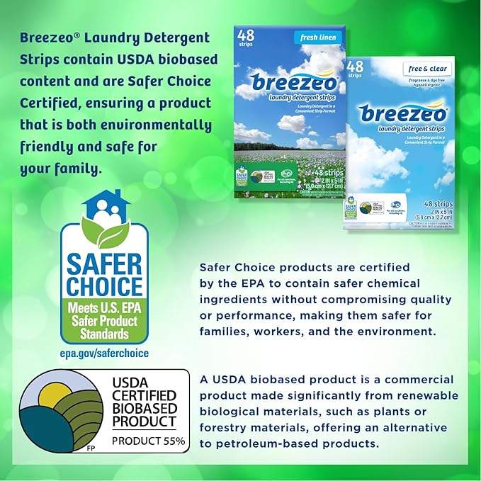 Breezeo Laundry Detergent Strips (48 strips) – Free & Clear - More Convenient than Pods, Pacs, Liquids or Powders – Great for Home, Dorm, Travel, Camping & Hand-Washing