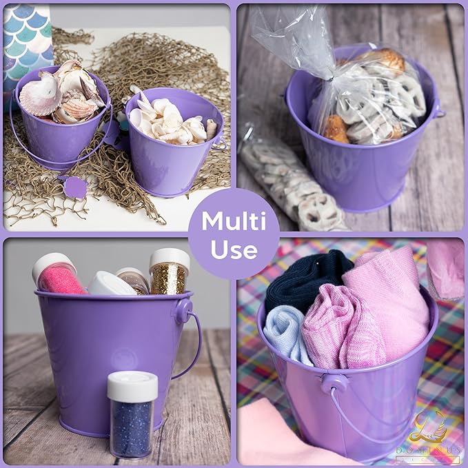 Small Metal Buckets with Handles - Leak-Proof Metal Pail Bucket - Galvanized Bucket with Handle - Multipurpose Tin Bucket for Party Favors, Organization, School, Weddings, Garden - Set of 6, Purple