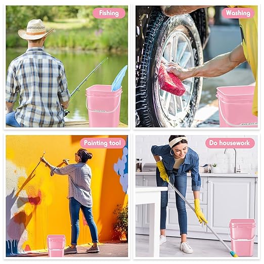 Vesici 6 Pcs 5 Gallon Food Grade Square Buckets with Lids 5 Gal Plastic Food Storage Square Bucket Heavy Duty Industrial Pail Container with DIY Label Stickers Handles for Water Painting(Pink)