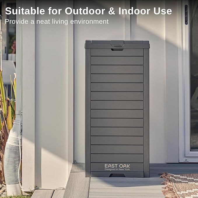 EAST OAK 38 Gallon Outdoor Trash Can | Waterproof Resin Garbage Can with Tiered Lid & Drip Tray | Outside Trash Bin for Patio | Kitchen, Backyard & Deck | Gray Color