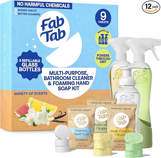 Fab Tab Home Starter Kit - Natural Cleaning Products - Household Cleaners - All-Purpose Cleaner Tablets - Plant-Based, Plastic-Fee - No Harsh Chemicals | Cleaning Kit
