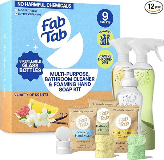 Fab Tab Home Starter Kit - Natural Cleaning Products - Household Cleaners - All-Purpose Cleaner Tablets - Plant-Based, Plastic-Fee - No Harsh Chemicals | Cleaning Kit