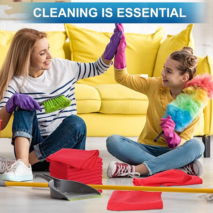 Tenare 100 Pack 12'' x 12'' Microfiber Cleaning Cloths Reusable Cleaning Rags Bulk Microfiber Towels Softer Highly Absorbent Washcloths for House Kitchen Car Window(Red)