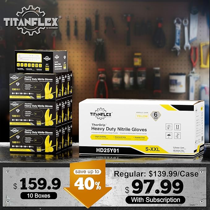 TitanFlex Heavy Duty Nitrile Gloves, 6 Mil Yellow Raised Diamond Texture, Mechanic Disposable Gloves, Latex Free