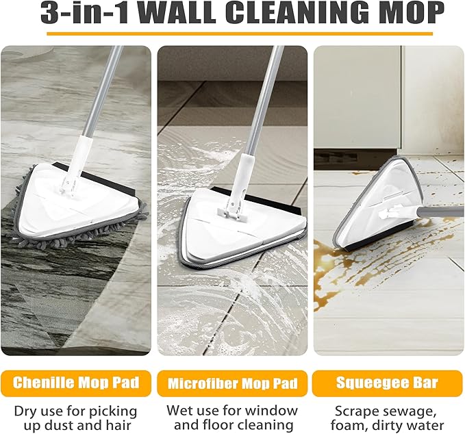 JEHONN Wall Mop with Long Handle 80 inches, Upgraded 180° Collapsible Baseboard Cleaner Tool with Squeegee, Ceiling Duster with 1 Microfiber and 1 Chenille Pad for Cleaning Window, Cabinet (White)