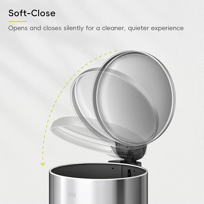 EKO Serene 5L / 1.32 Gallon Step Trash Can with Lid, Small Stainless Steel Round Garbage Can with Removable Inner Bucket, Compact Bin for Powder Rooms, Offices & Tight Bathroom Spaces.