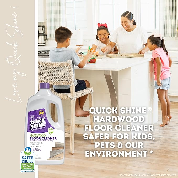 Quick Shine Hardwood Floor Cleaner 64oz, 4Pk| Use in Spray & Vac Mops| Removes Dirt & Scuff Marks| Ready-to-Use, Streak Free, No Rinse| Safer Choice Cleaner| Perfect for Gentle and Effective Cleaning