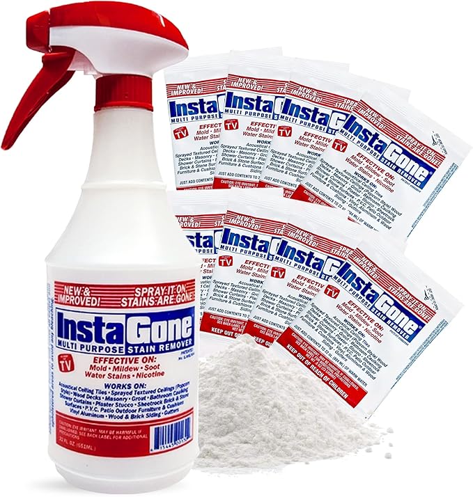 Stain Remover - 8 REFILL Pack + 24oz Spray Bottle - Just Add Water - Indoor/Outdoor Ceiling, Wall, Bathroom, Roof, PVC Fence, Patio Furniture & More