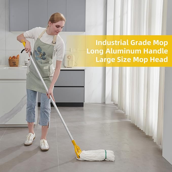Commercial Mop Heavy Duty Industrial Mop with Long Handle,59" Looped-End String Wet Cotton Mops for Floor Cleaning, Including Three mop Head Replacement