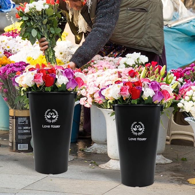 Fiaze 19.92 Inch Tall Flower Bucket Sets with Cutout Handles, 4 Pack Large Plastic Floral Bucket Vase for Home Wedding Decorations, Black