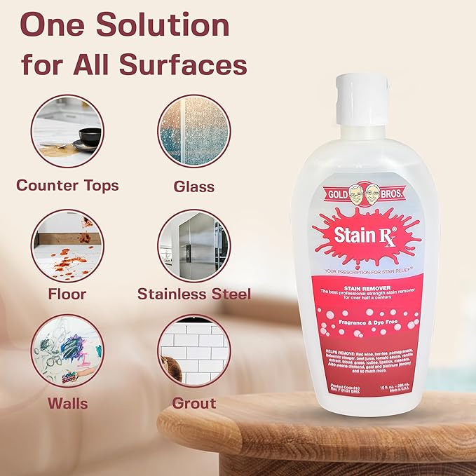 Stain Remover, Effectively Eliminates Stains from Wine, Berries & Blood on Fabrics, Carpets, Upholstery & Jewelry, Dye-Free, Free from Bleach, Peroxides & Phosphates, Made in USA, 10 oz