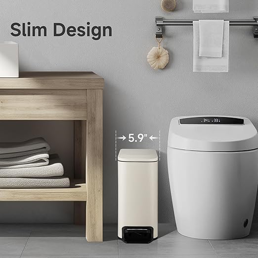 TIPGO Slim Bathroom Trash Can with Lid Soft Close, 6 Liter / 1.6 Gallon Stainless Steel Garbage with Removable Inner Bucket, Small Trash Bins for Bedroom, Office (Cream)