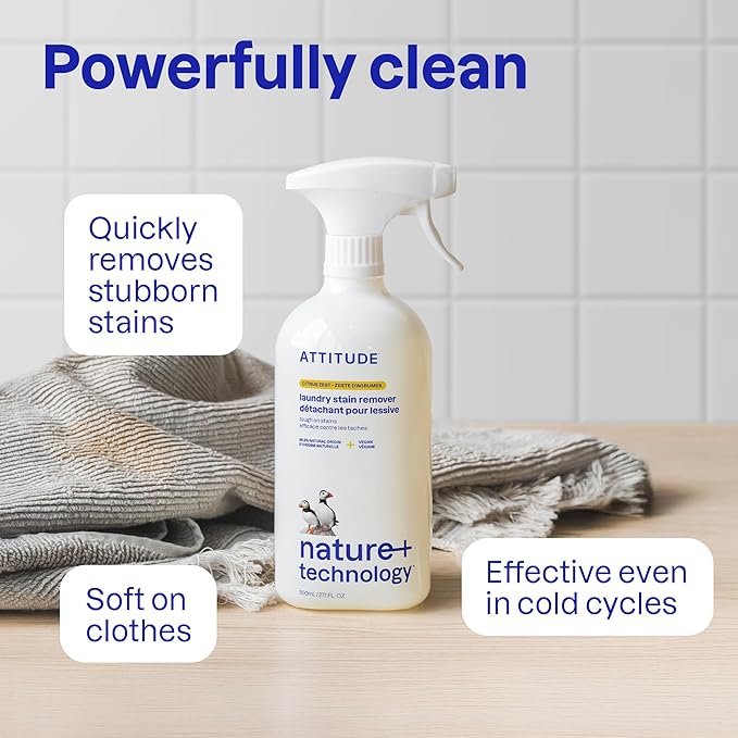 ATTITUDE Stain Remover Spray for Laundry, Removes Odors & Stains, Plant-Based & Vegan, Citrus Zest Scent, 27.1 Fl Oz (Pack of 6)
