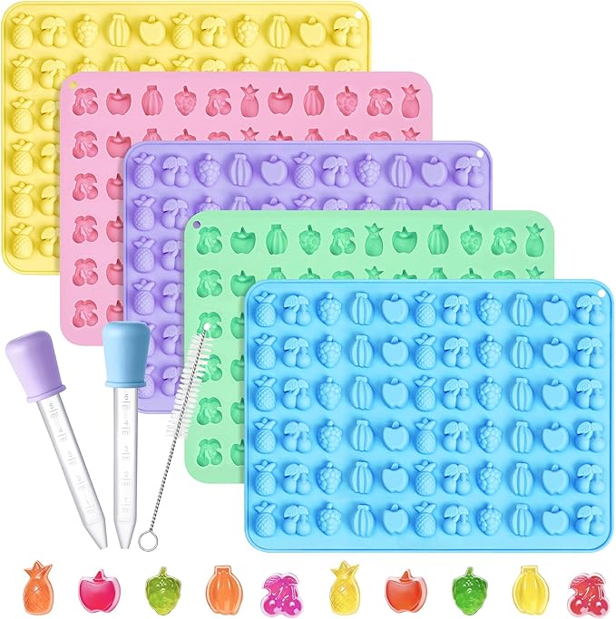 Mini Fruit Snack Molds Silicone, 5PCS Gummy Molds Trays with 2 Droppers 1 Clean Brush, Including Pineapple, Cherry, Grape, Banana, Apple Shape