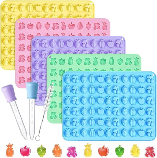 Mini Fruit Snack Molds Silicone, 5PCS Gummy Molds Trays with 2 Droppers 1 Clean Brush, Including Pineapple, Cherry, Grape, Banana, Apple Shape