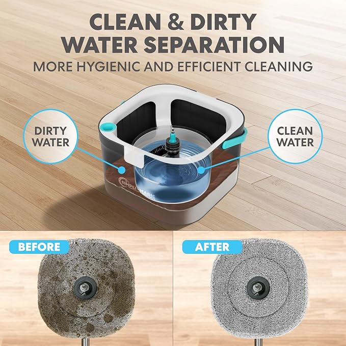 SIMPLI-MAGIC 360° Square Spin Mop and Bucket System – Dual Compartment, Separate Clean & Dirty Water – 3 High-Absorbent Microfiber Washable Heads – All Types Floor Cleaning