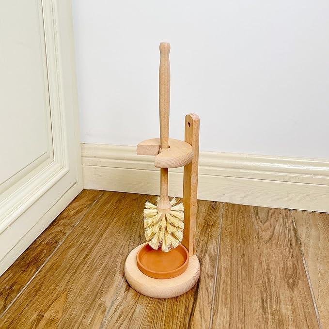 Wood Toilet Brush and Holder Set, Beechwood Toilet Bowl Cleaner Brush for Bathroom, Sisal Bristles Toilet Scrubber with Stand