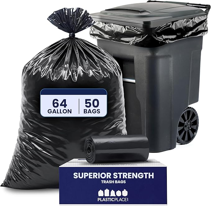 Plasticplace Black Trash Bags (50 Count) – Heavy Duty 64-65 Gallon Garbage Bags, Puncture Resistant, Large Trash Can Liners, Ideal for Toter Cans, Kitchen & Outdoor Use, 50" x 60" 1.5 Mil