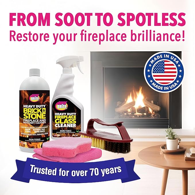 Quick N Brite Fireplace Cleaning Kit – Includes 24 oz Fireplace Glass Cleaner, 32 oz Gel Fireplace Cleaner, Scrub Brush, Sponge and Microfiber Towel