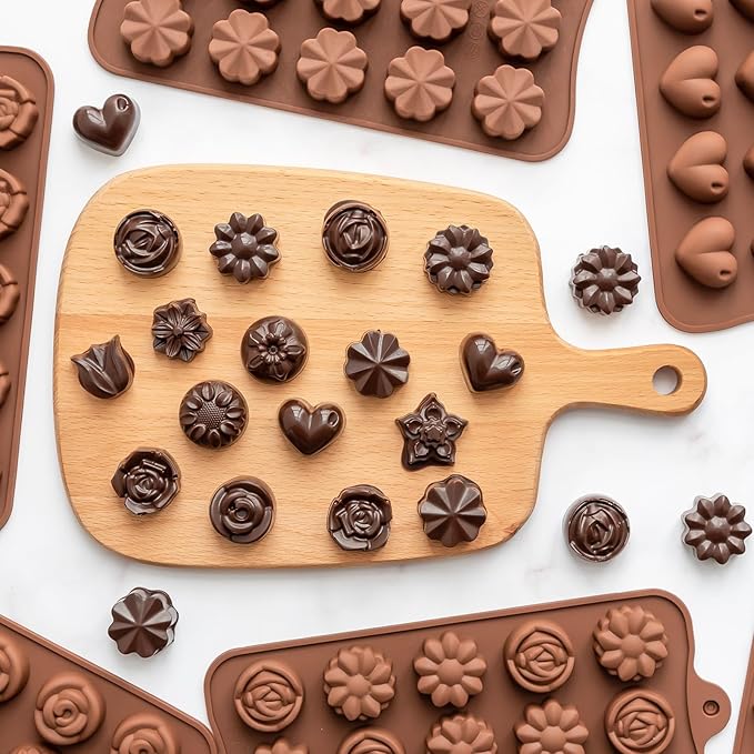 6 Pack Flower Shape Chocolate Candy Molds Silicone, Food-Grade Non-Stick Jello Mold, Crayon Mold, Silicone Baking Mold, BPA Free, including Flower, Heart, Tulip, Rose