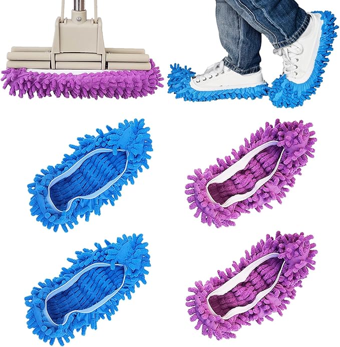 2 Pairs (4 Pieces) Mop Slippers, Multi-Function Reusable Microfiber Dust Mops, Floor Cleaning Shoes for Bathroom, Office, Kitchen, House Polishing
