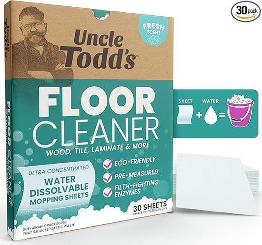 Uncle Todd's Ultra Concentrated Floor Cleaner For Mopping: 30 Natural, 100% Dissolvable Sheets for Mopping – Hardwood & Wood Floor Cleaner with Filth-Fighting Enzymes, Plastic-Free Packaging