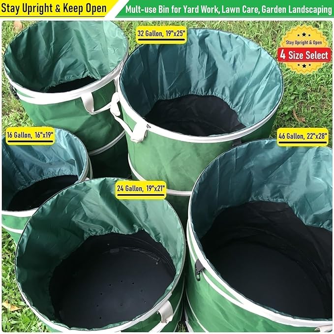 24 Gallon and 32 Gallon Collapsible Trash Can Solid Bottom for Garden Debris Bag,Yard Waste Bag,Pop-Up Trash Can,Recycling Bin,RV Camping Waste Bin,Laundry Hamper,Lawn Grass,Yard Weeds Bags,Leaf Bags