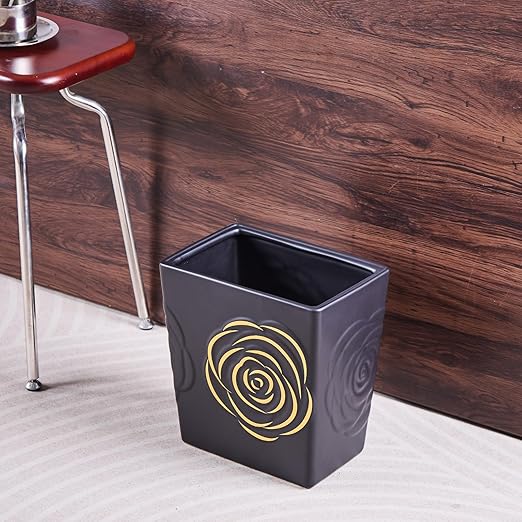 Black Ceramic Trash Can with Gold Rose – 2.5 Gallon Small Bathroom & Kitchen Garbage Bin, Decorative Waste Basket for Bedroom, Office, Hotel – Elegant Floral Design, Heavy Duty (9 Liter, Gift Idea)