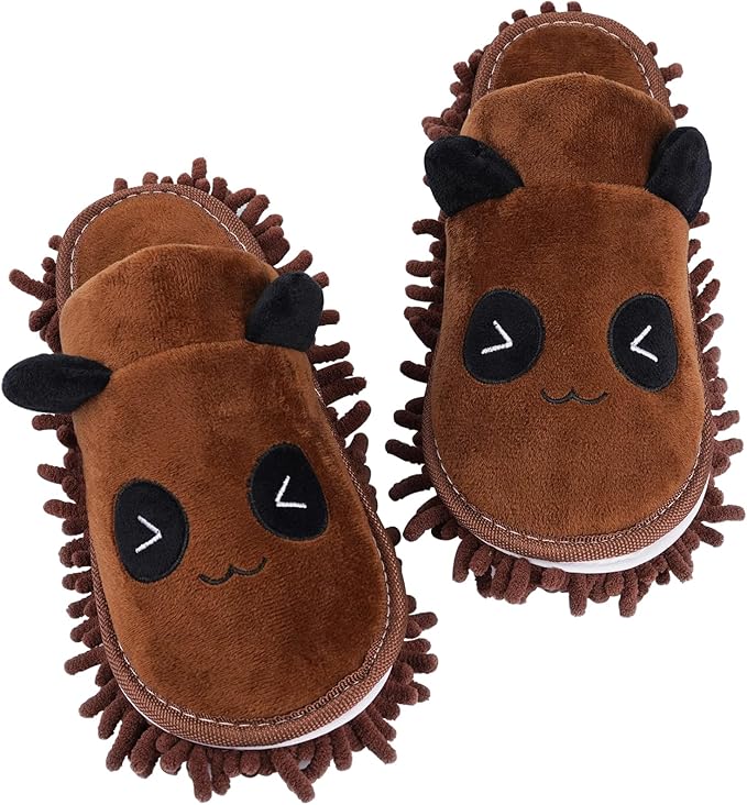 Liitrton 1 Pair Detachable Mop Slippers Shoes Microfiber Chenille Soft Comfortable Dust Dirt Hair Cleaner for Room Bathroom Kitchen Office (Brown Panda)