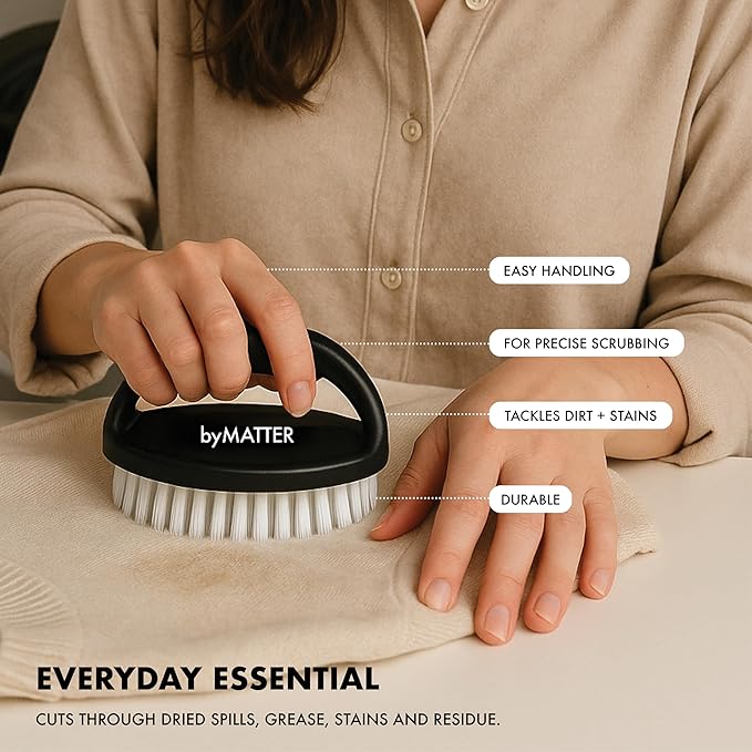 byMATTER Ergonomic Laundry Brush – Suitable for Clothes, Upholstery, Shoes, Fabric Cleaning, Helps Stain Removal, Stiff Bristle Brush