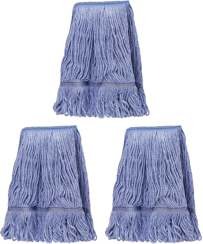 KULED Commercial Mop Head Replacement, Heavy Duty Industrial Cotton Mop Heads, Looped-End String Wet Mop Head for General and Floor Cleaning, Blue (3 Count)