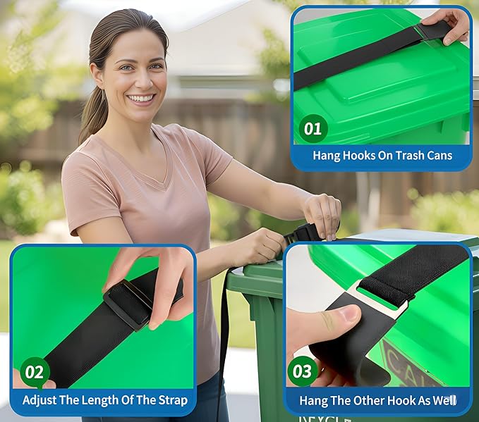 Premium 2 Trash Can Locks for Animals Garbage Straps Lid Wheelie Bin Locks Enclosure Cans Clips Out Raccoon Raccoons Hide Outside Strap Resistant Security Critter Trashcan Deterrent